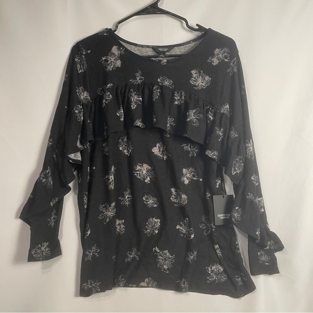 NWT SIMPLY VERA WANG Black Floral Long Sleeve Ruffle Top Blouse Lg Whimsigoth